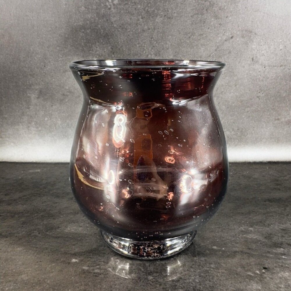 Dark Amethyst Glass Vase Footed Bowl With Applied Air Bubbles All Over Glass Vtg